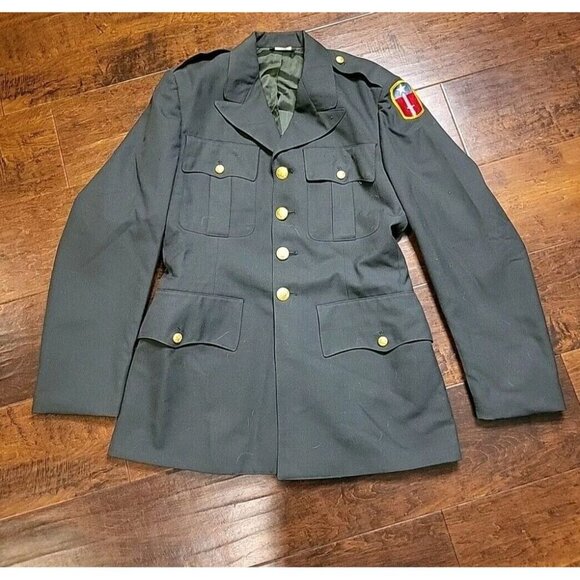 Vintage Army Issued Patch Jacket 38 Reg Dress Uniform Dark Green USA Gold Button - Picture 1 of 9